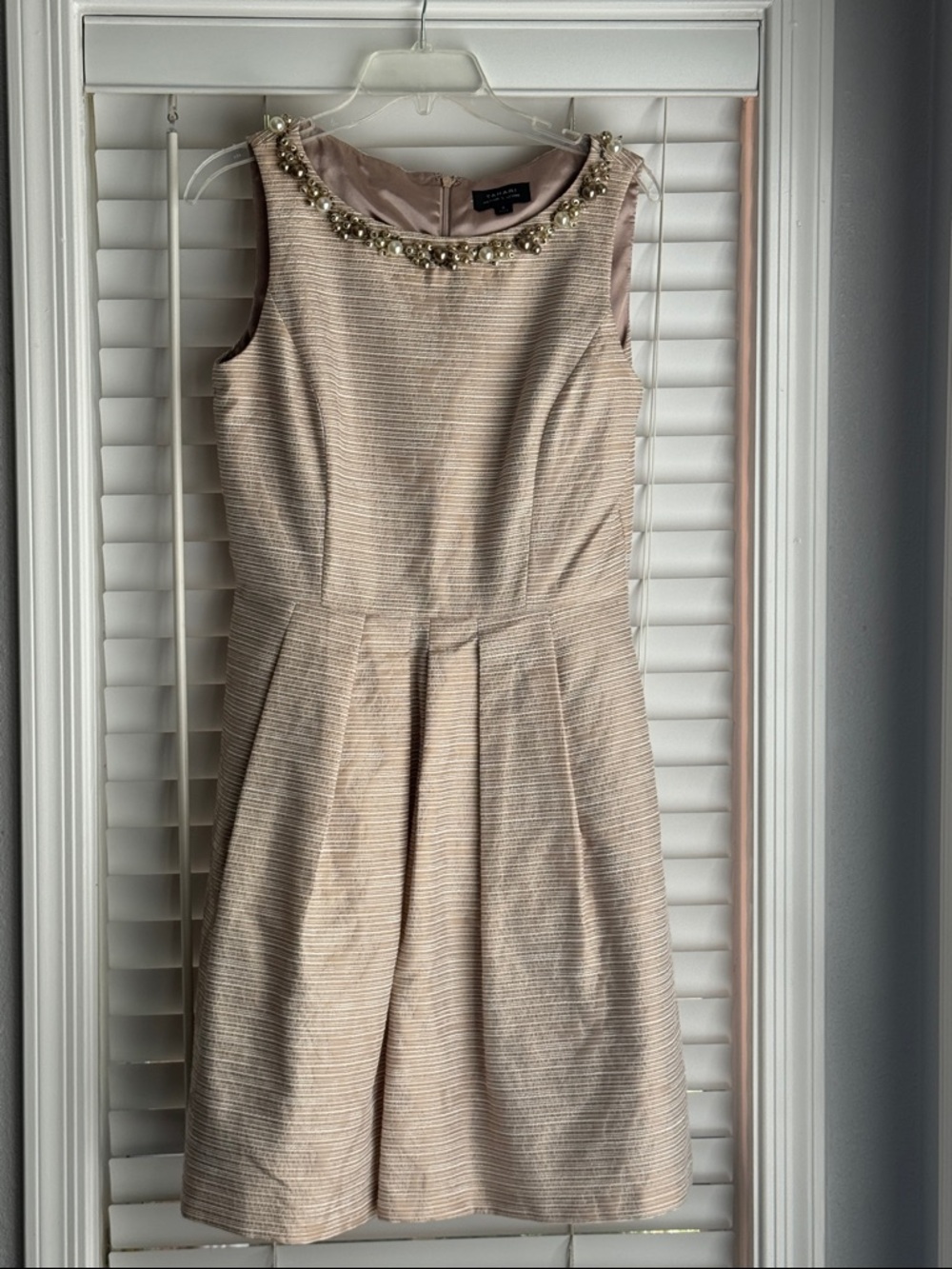 Tahari Pearl-Trimmed Beige Textured Sleeveless Mini Dress